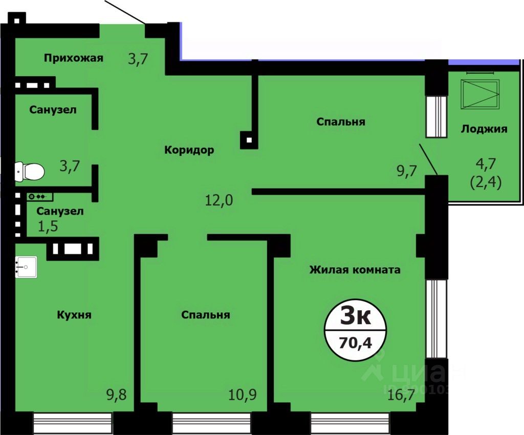 3-комн.кв., 70,5 м², 8/26 этаж