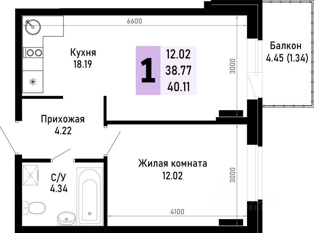 1-комн.кв., 40,1 м², 1/4 этаж