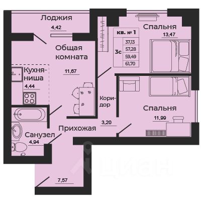 2-комн.кв., 61,7 м², 2/24 этаж