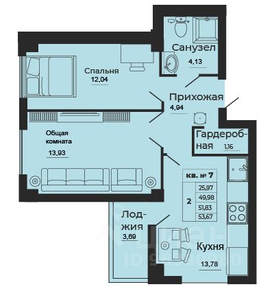 2-комн.кв., 53,8 м², 22/24 этаж
