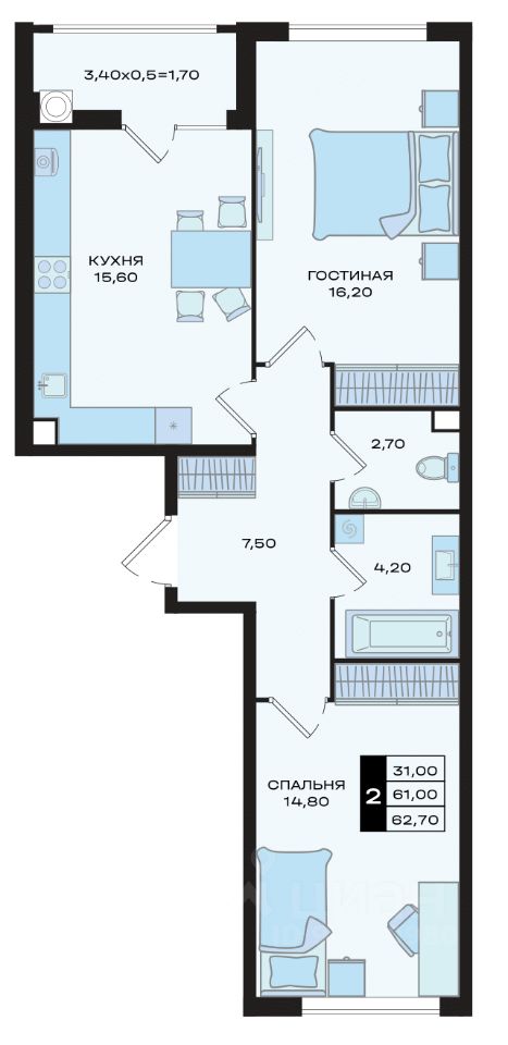 2-комн.кв., 62,3 м², 11/22 этаж