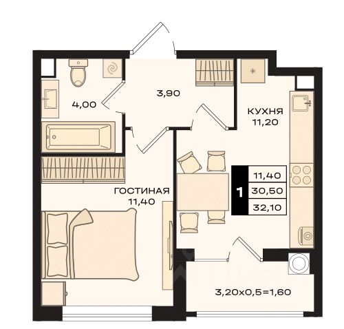 1-комн.кв., 32,1 м², 2/15 этаж