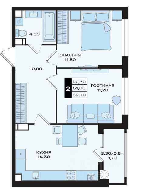 2-комн.кв., 52,7 м², 2/15 этаж