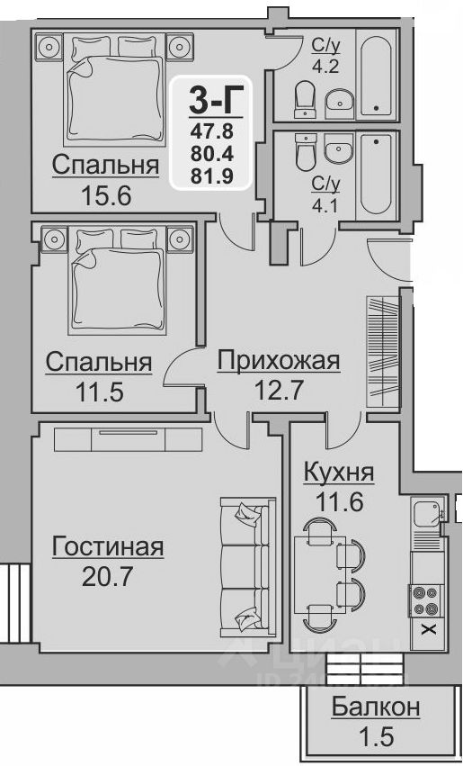 Планировка этой квартиры по данным Циан