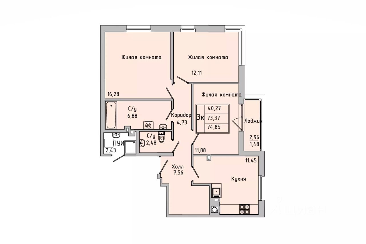 3-комн.кв., 73,3 м², 1/7 этаж