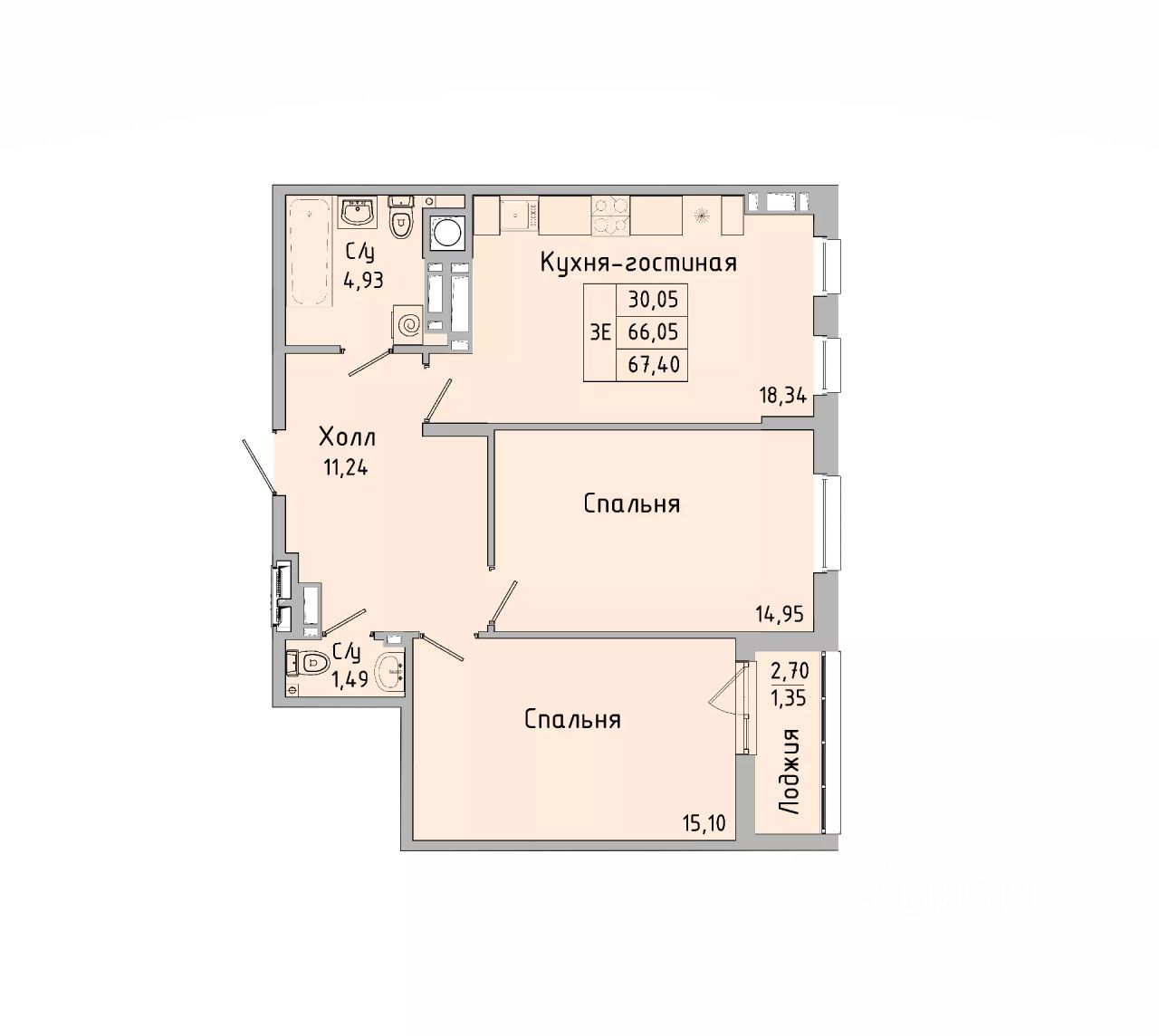 3-комн.кв., 67,7 м², 9/10 этаж