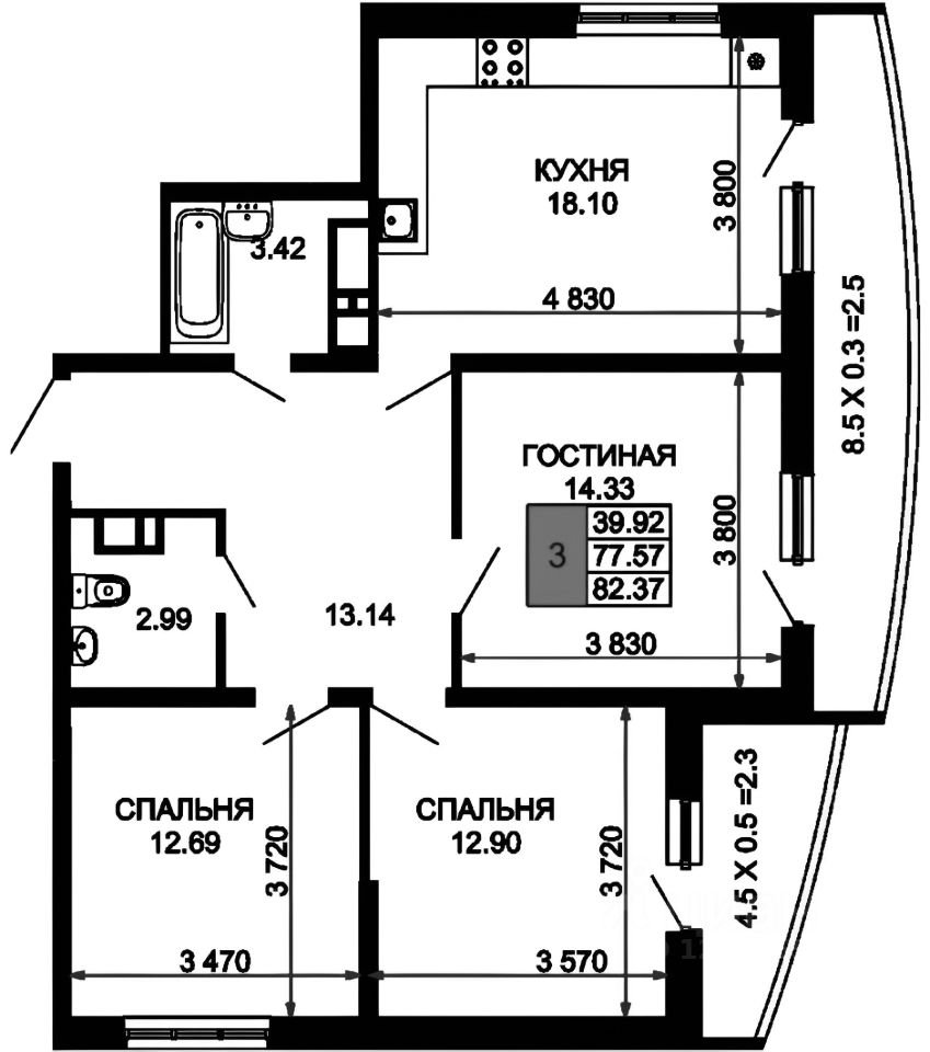 Планировка этой квартиры по данным Циан