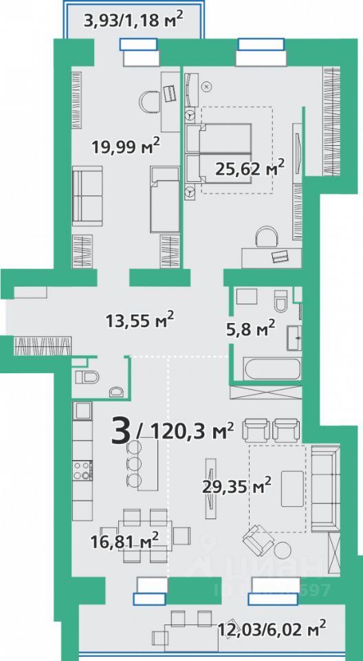 3-комн.кв., 120,2 м², 3/9 этаж