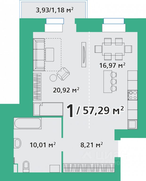 1-комн.кв., 57,3 м², 3/9 этаж