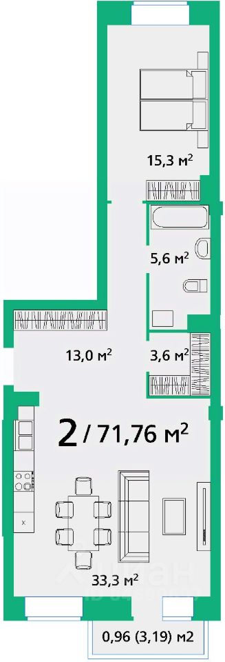 2-комн.кв., 71,8 м², 9/9 этаж