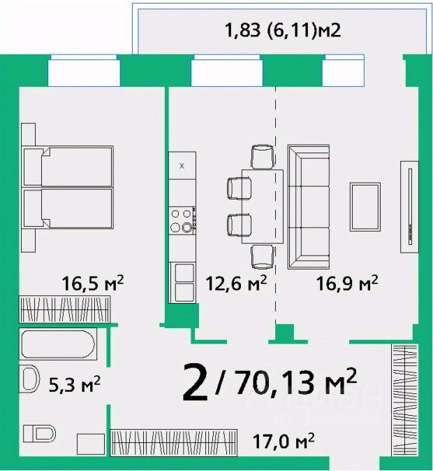 2-комн.кв., 70,1 м², 1/9 этаж