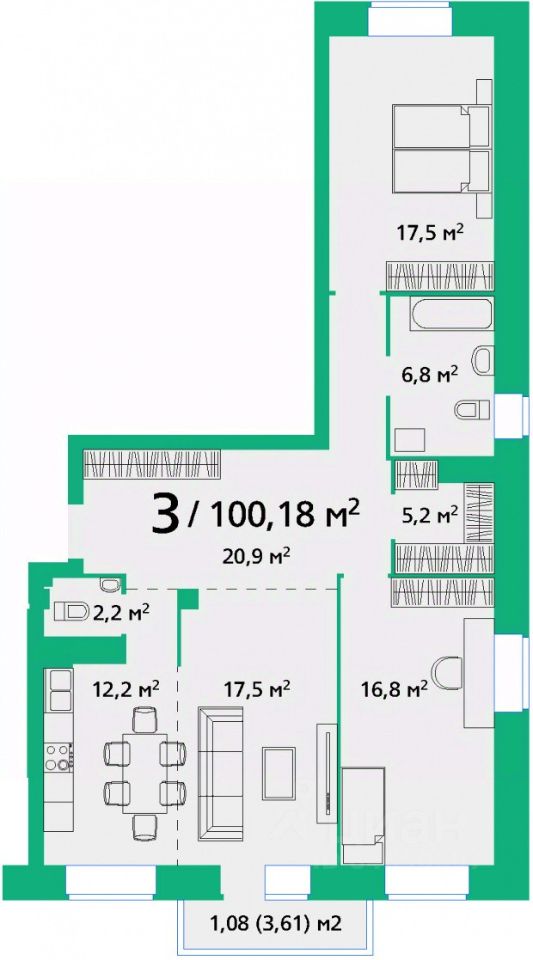 3-комн.кв., 100,2 м², 2/9 этаж
