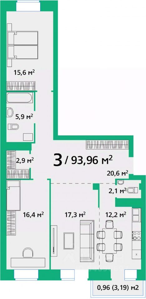 3-комн.кв., 94 м², 3/9 этаж