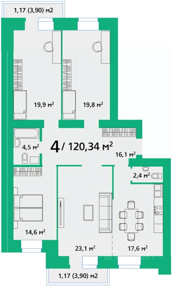 4-комн.кв., 120,3 м², 2/9 этаж