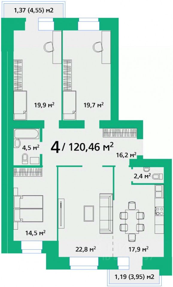 4-комн.кв., 120,5 м², 5/9 этаж