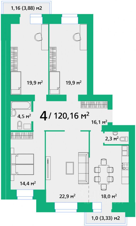 4-комн.кв., 120,2 м², 6/9 этаж