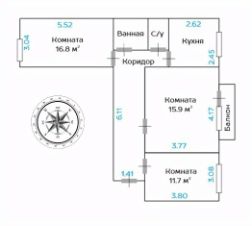 3-комн.кв., 65 м², этаж 3