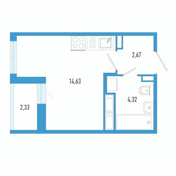 Студия, 22,8 м², 3/12 этаж