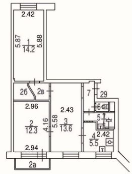 3-комн.кв., 57 м², этаж 9