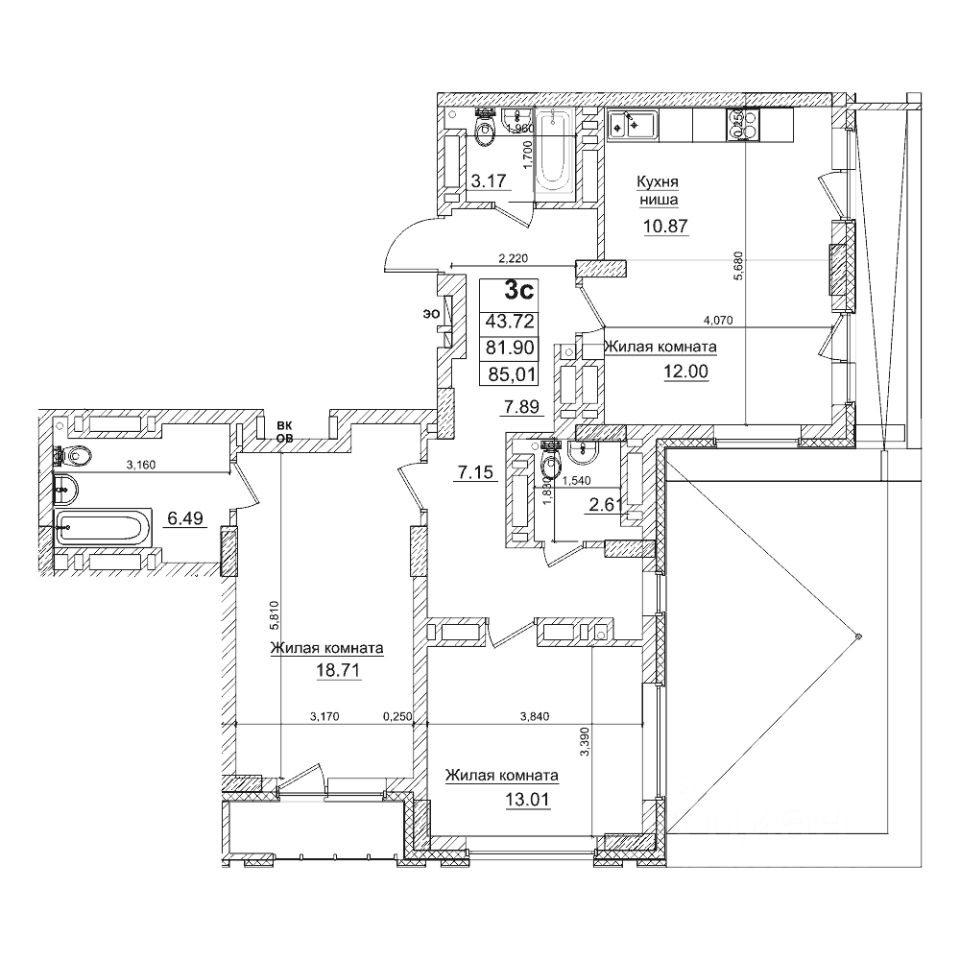 3-комн.кв., 81,9 м², 29/29 этаж