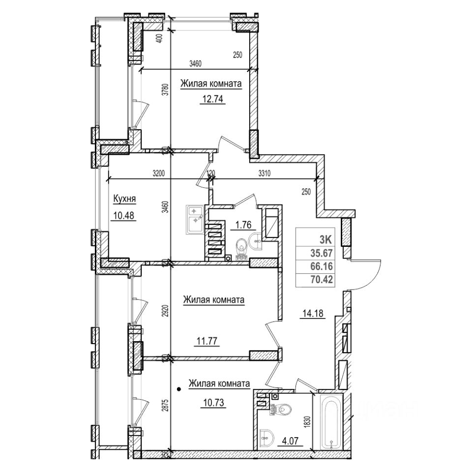 3-комн.кв., 66,8 м², 27/29 этаж