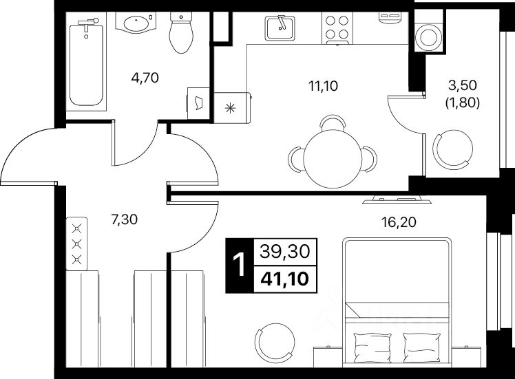 1-комн.кв., 41,1 м², 2/20 этаж