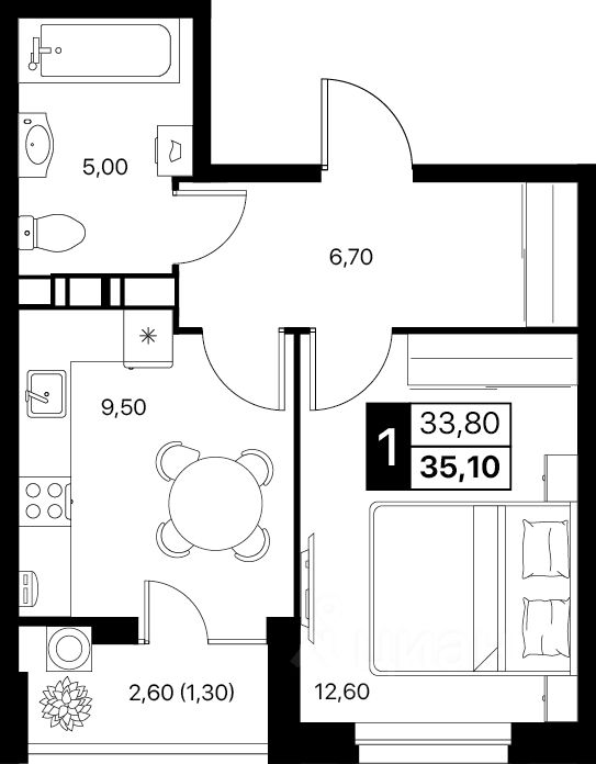 1-комн.кв., 35,1 м², 8/12 этаж