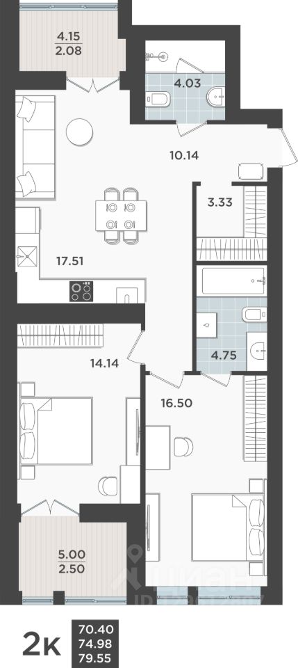 2-комн.кв., 75 м², 3/10 этаж