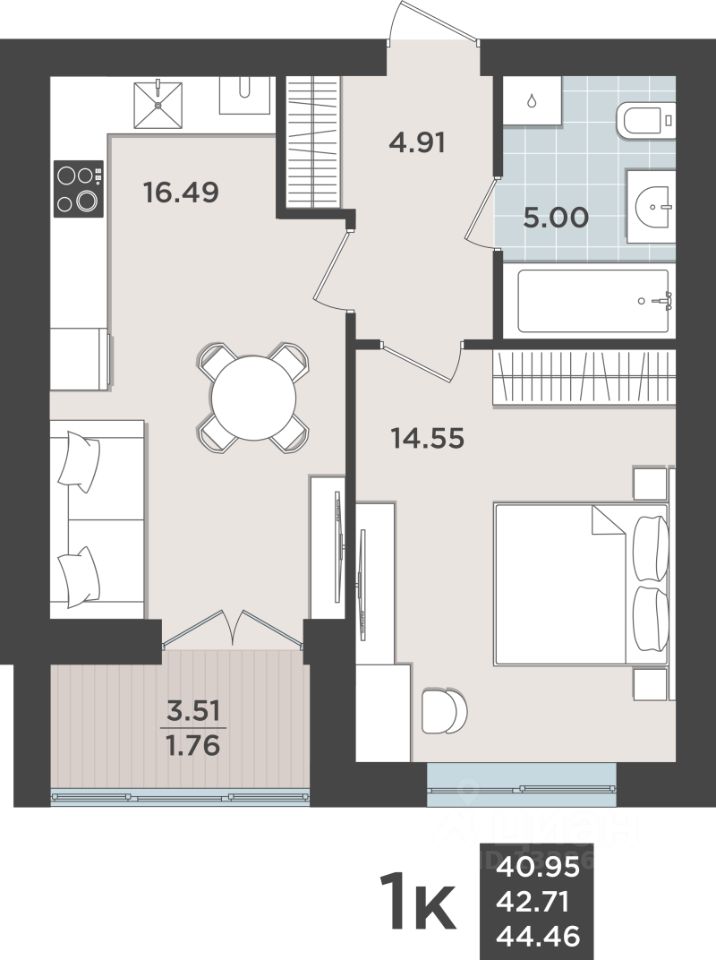 1-комн.кв., 42,7 м², 9/10 этаж