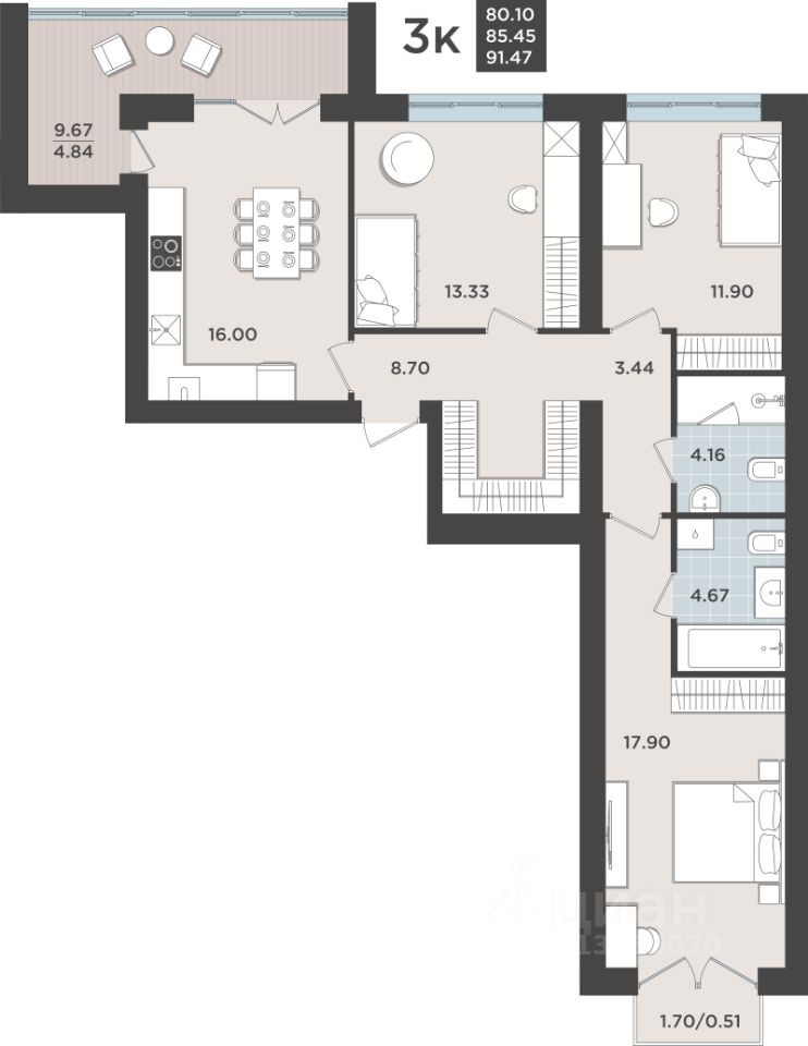 3-комн.кв., 84,9 м², 7/10 этаж