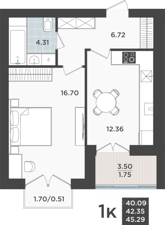 1-комн.кв., 41,8 м², 6/10 этаж