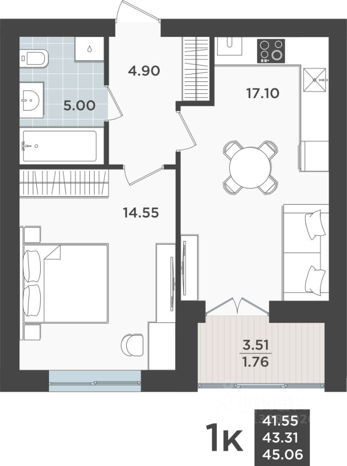 1-комн.кв., 43,3 м², 5/10 этаж