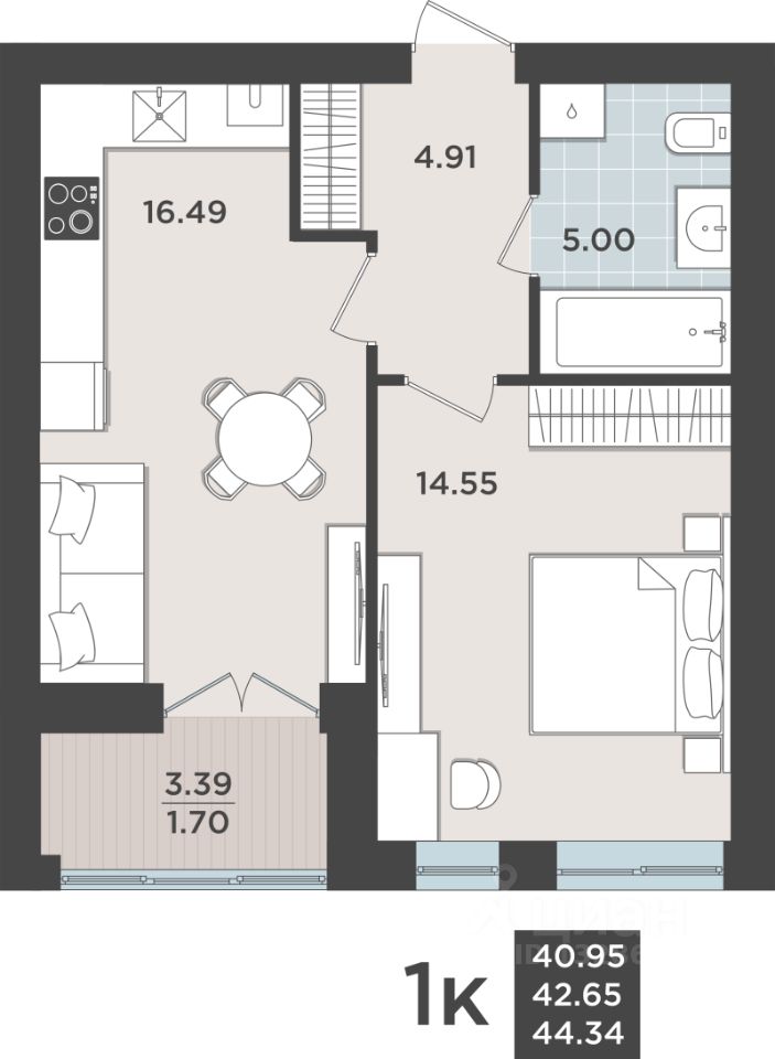 1-комн.кв., 42,6 м², 1/10 этаж