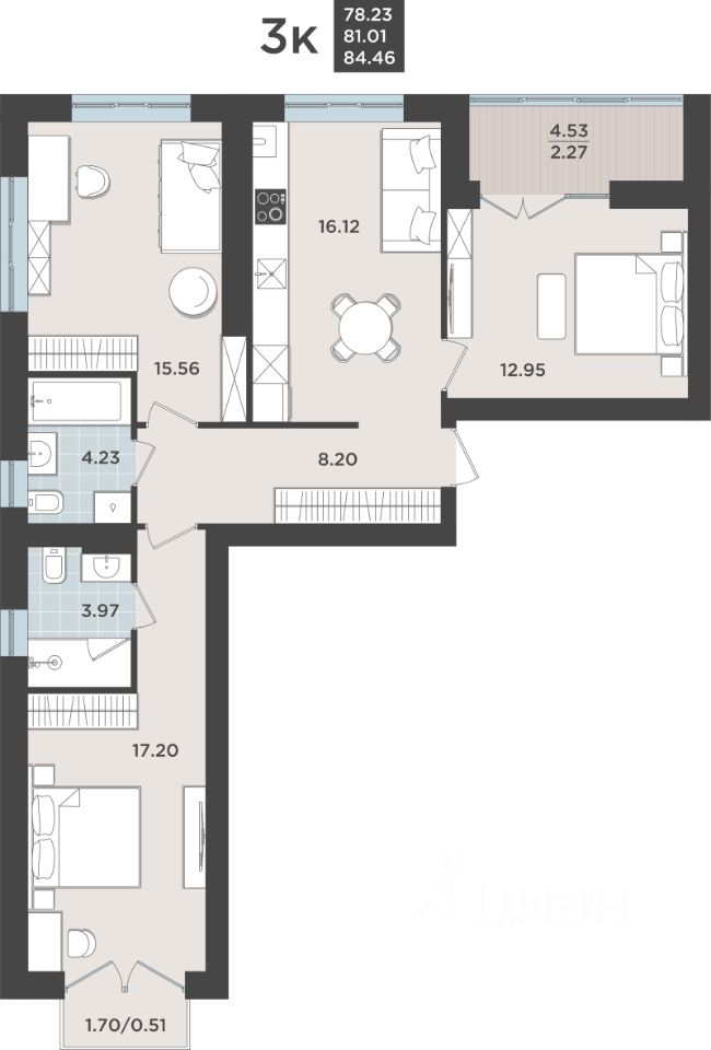 3-комн.кв., 80,5 м², 4/10 этаж
