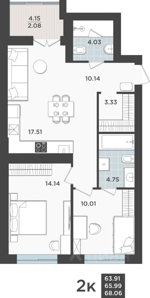 2-комн.кв., 66 м², 8/10 этаж