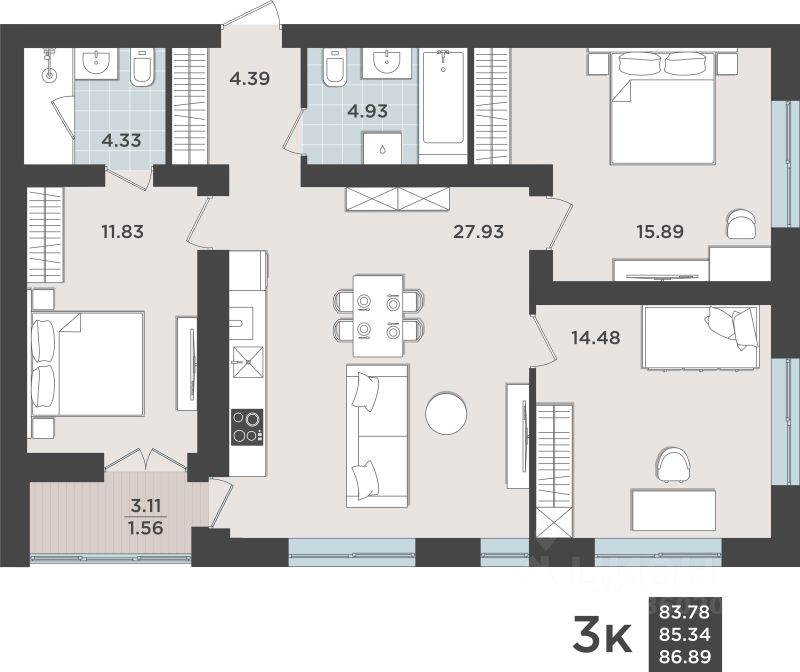 3-комн.кв., 85,3 м², 7/10 этаж