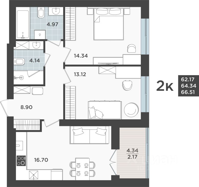 2-комн.кв., 64,3 м², 4/10 этаж