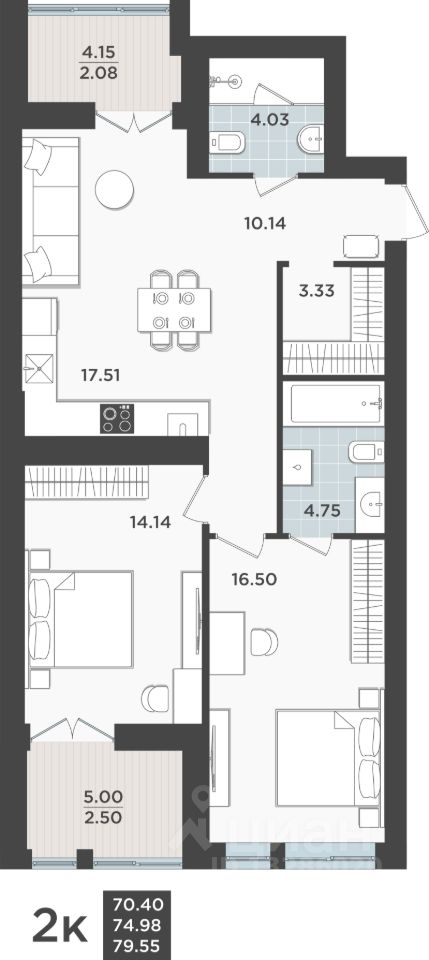 2-комн.кв., 75 м², 3/10 этаж
