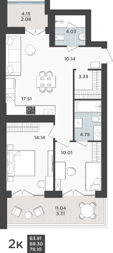 2-комн.кв., 69,3 м², 4/10 этаж