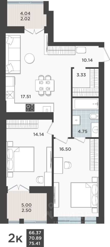 2-комн.кв., 70,9 м², 1/10 этаж
