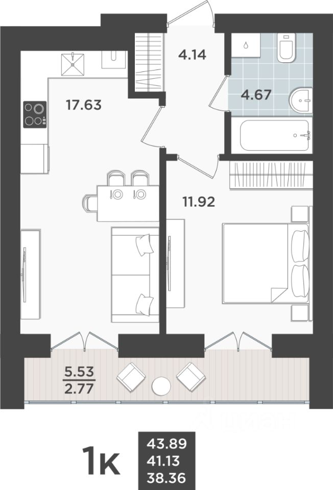 1-комн.кв., 41,1 м², 3/10 этаж
