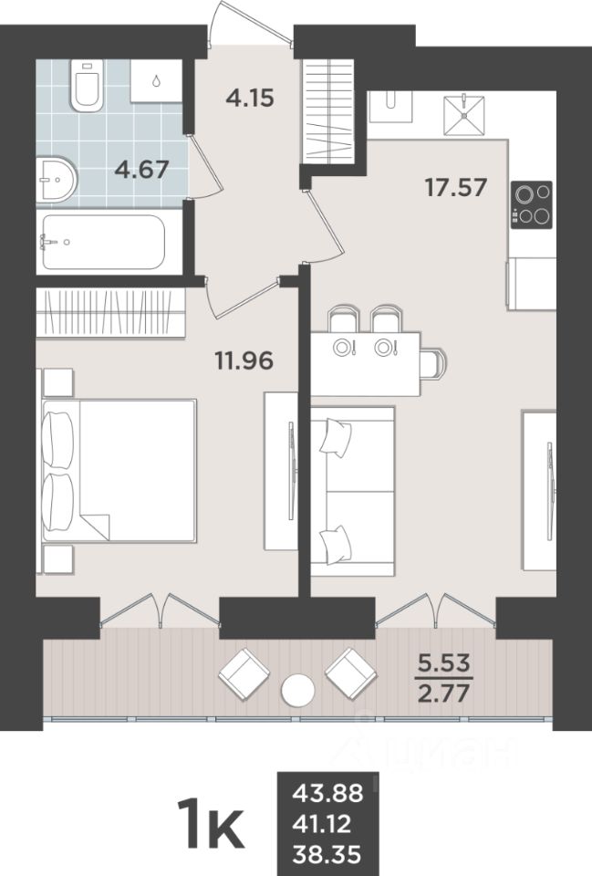 1-комн.кв., 41,1 м², 2/10 этаж
