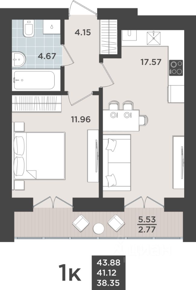 1-комн.кв., 41,1 м², 3/10 этаж