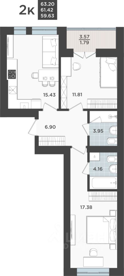 2-комн.кв., 61,4 м², 1/10 этаж