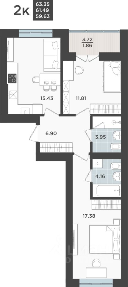 2-комн.кв., 61,5 м², 2/10 этаж