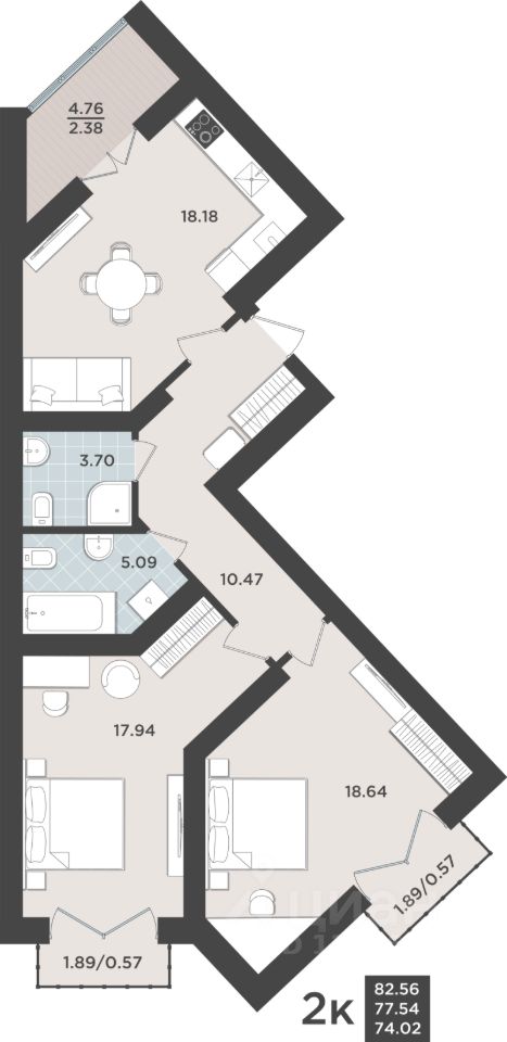 2-комн.кв., 77,5 м², 9/10 этаж