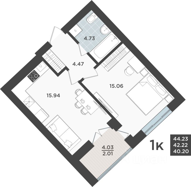 1-комн.кв., 42,2 м², 8/10 этаж