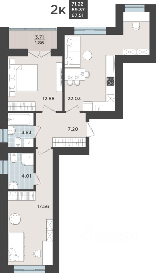 2-комн.кв., 69,4 м², 2/10 этаж