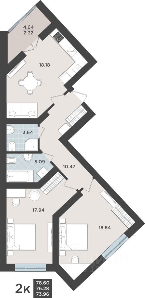2-комн.кв., 76,3 м², 8/10 этаж