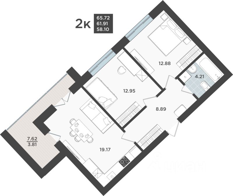 2-комн.кв., 61,9 м², 4/10 этаж